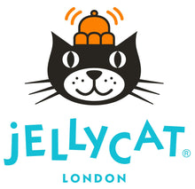 Jellycat logo with a black cat face and orange hat on a white background