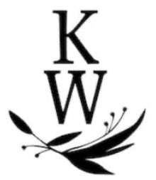 Black katie waltman logo with decorative elements on a white background