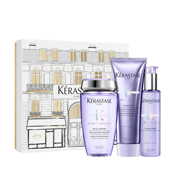Kerastase Blond Absolu Holiday Gift Set with Bain Lumiere Shampoo, Cicaflash Conditioner and Cicaplasme Heat Protectant Serum for blonde lightened or highlighted hair.