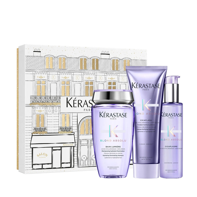 Kerastase Blond Absolu Holiday Gift Set with Bain Lumiere Shampoo, Cicaflash Conditioner and Cicaplasme Heat Protectant Serum for blonde lightened or highlighted hair.