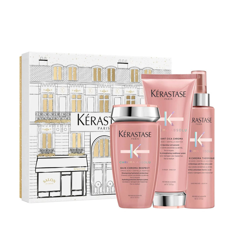 Kerastase Chroma Absolu Luxury Holiday Gift Set with Bain Chroma Respect Shampoo, Fondant Cica Chroma Conditioner and Chroma Thermique Heat Protectant for color-treated hair.