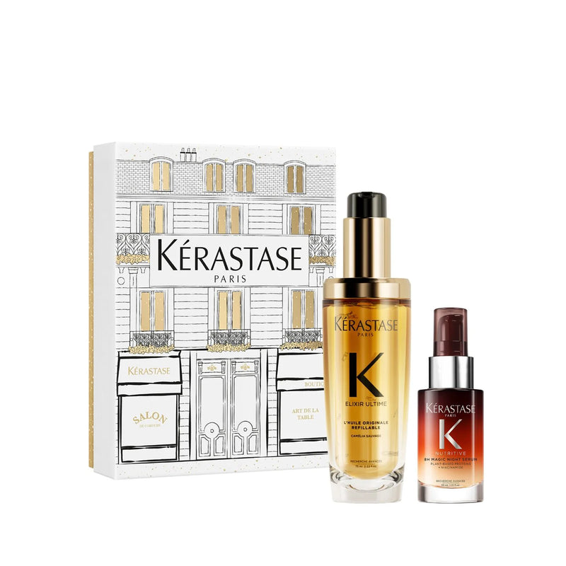Kerastase Holiday Gift Set Elixir Ultime Hair Oil and Nutritive 8H Magic Night Serum luxury duo for shiny nourished hair.