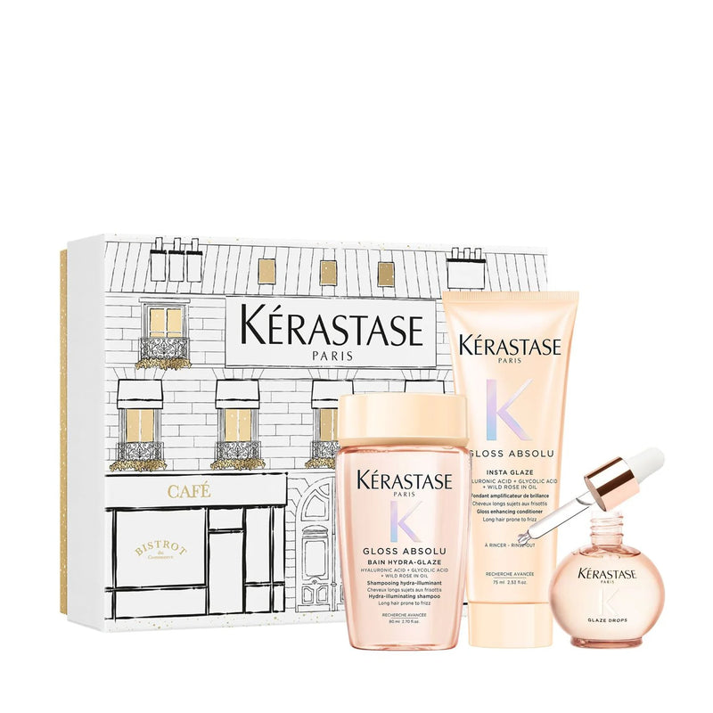 Kerastase Gloss Absolu Holiday Gift Set Mini Discovery with Bain Hydra-Glaze Shampoo, Insta Glaze Treatment and Glaze Drops for frizz-free glossy hair.