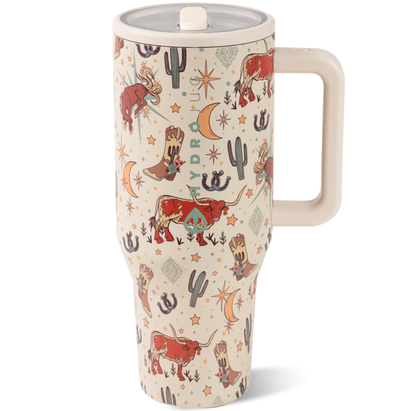Western-themed HydroJug 40oz Rodeo tumbler with ergonomic handle, insulated to keep drinks and liquids cold or hot, and a leak-proof lid. 