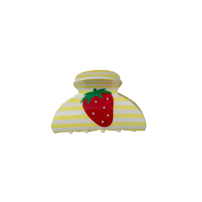 KAXI Fruit Eclectic Claws Strawberry – standard-size acrylic hair claw with allover red strawberry print on a butter-yellow and white base, secure grip for everyday styling.