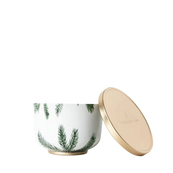 Thymes Frasier Fir Candle Tin with Gold Lid – festive 6.5 oz metal candle tin wrapped in pine needle pattern, topped with embossed gilded gold lid; features a crisp Siberian fir, cedarwood, and sandalwood scent for a glowing, mountain‑fresh holiday ambiance.