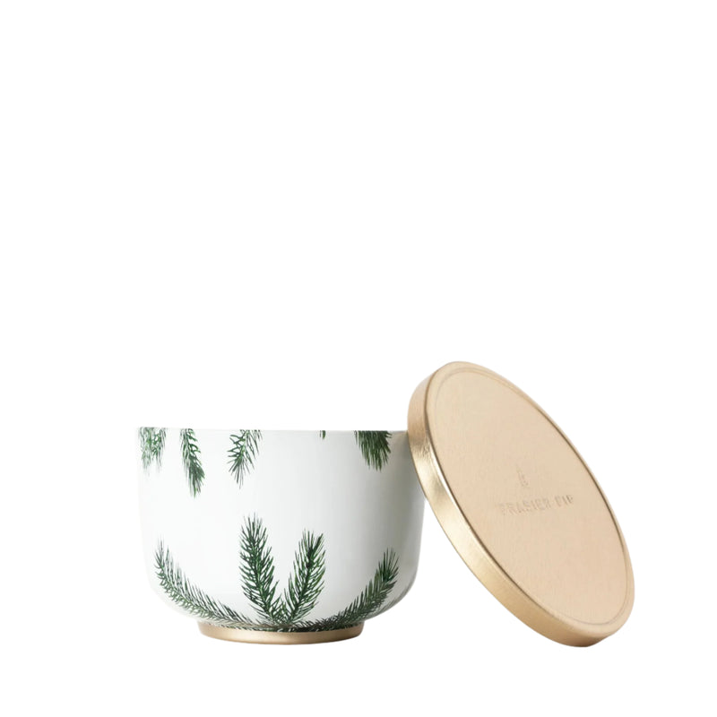 Thymes Frasier Fir Candle Tin with Gold Lid – festive 6.5 oz metal candle tin wrapped in pine needle pattern, topped with embossed gilded gold lid; features a crisp Siberian fir, cedarwood, and sandalwood scent for a glowing, mountain‑fresh holiday ambiance.
