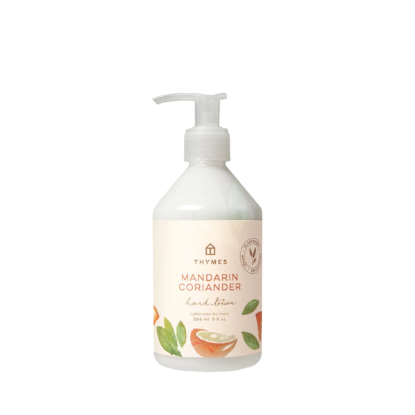 Thymes Mandarin Coriander Hand Lotion in pump bottle with bright citrus and herbal fragrance, moisturizing hand care.